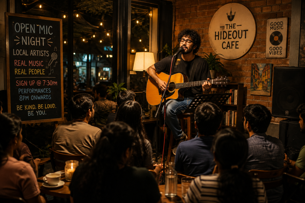 Musician playing acoustic guitar at an intimate indoor cafe open mic session