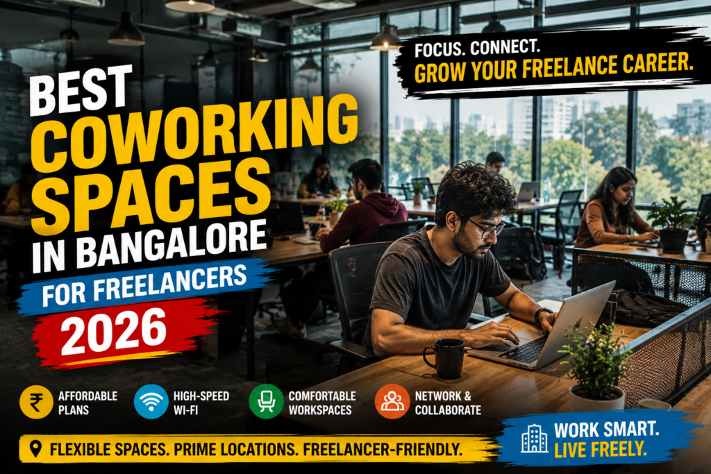 Freelancer working at a shared hot desk in a Bangalore coworking space