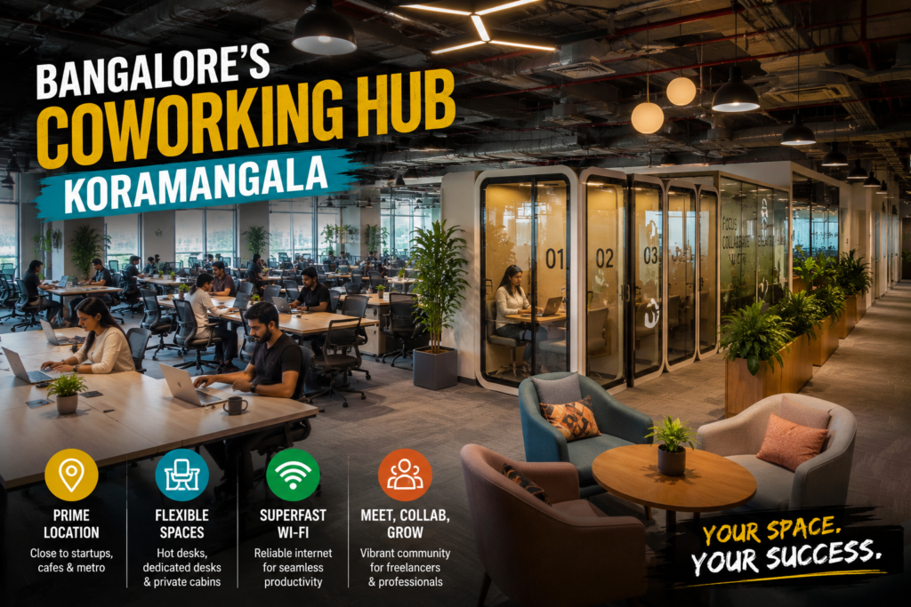 Open coworking floor with desks and meeting pods in Koramangala Bangalore