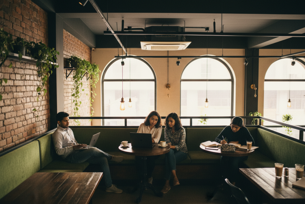 Different work styles in a Bangalore cafe