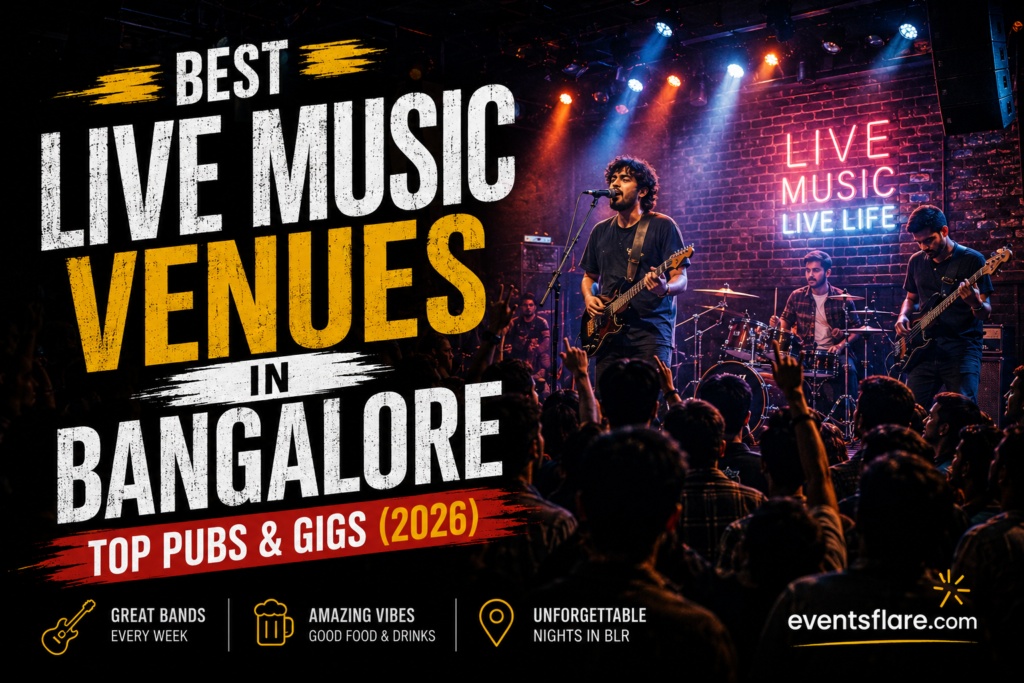 Indie rock band performing live under stage lights at a Bangalore music venue