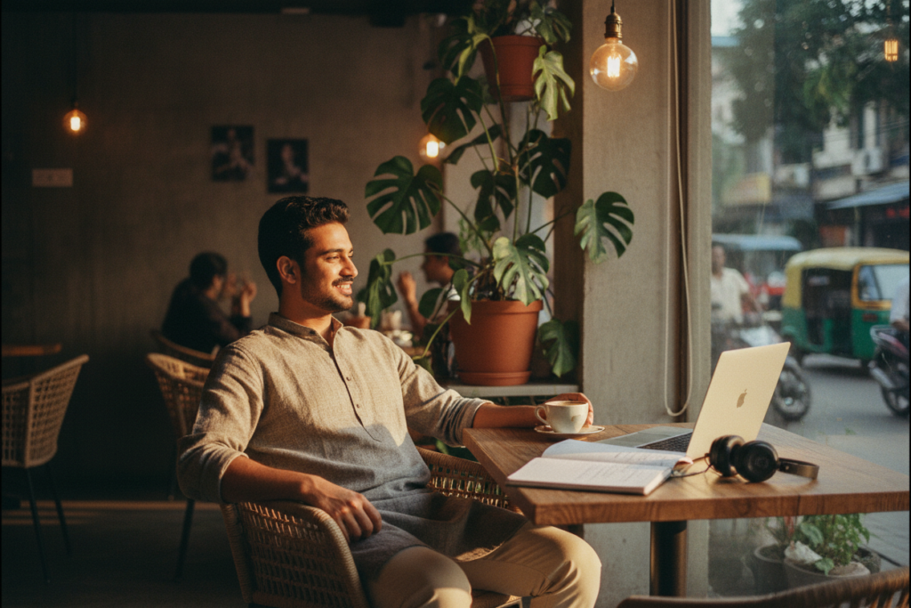 Remote professional working from a cafe in Bangalore