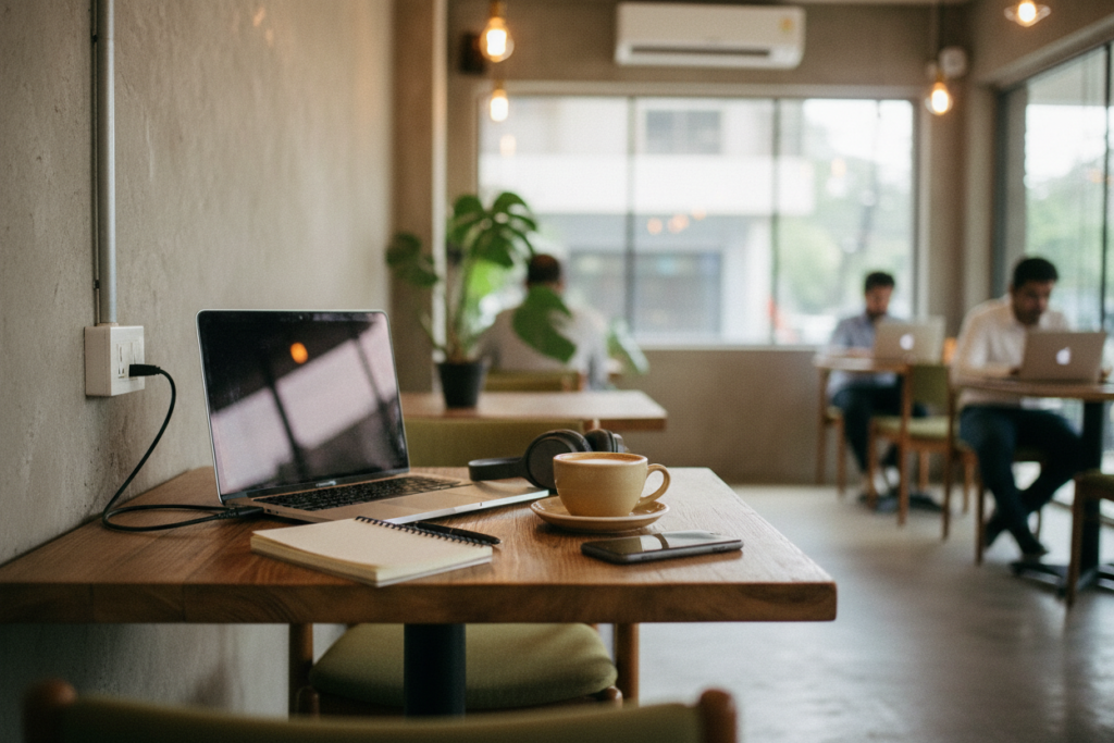 Work-friendly cafe workspace in Bangalore with laptop and coffee